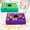 A purple shape matching puzzle game with yellow pieces and a timer, shown next to loose pieces.