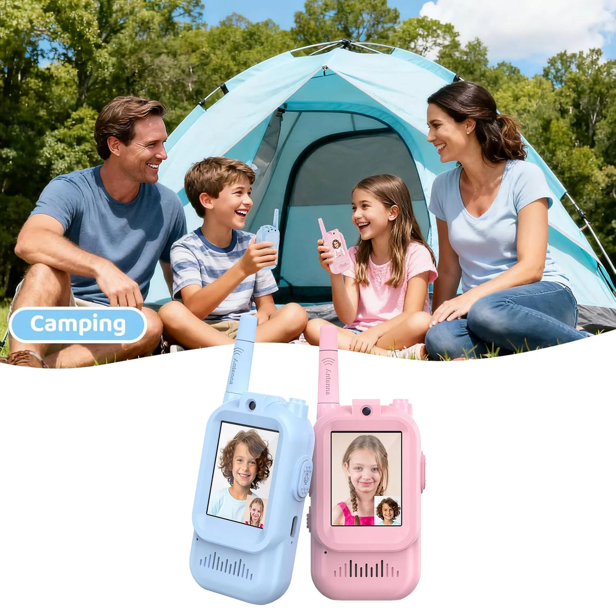 Two pink and blue kids video walkie-talkies with 2.0-inch screens shown outdoors in a camping setting.