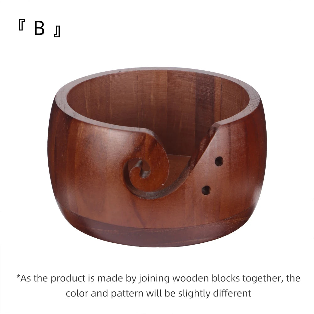 A handcrafted wooden yarn bowl featuring a swirl cutout design.