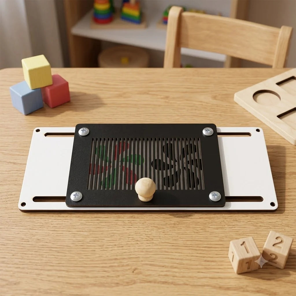 A black wooden sensory activity board with gears and a knob rests on a light wood table next to colorful wooden blocks.