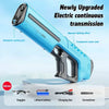 A blue electric water blaster with a transparent tank and automatic suction port is shown on a white surface.