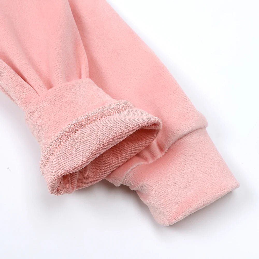 Pink velvet kids tracksuit set with a gathered cuff detail
