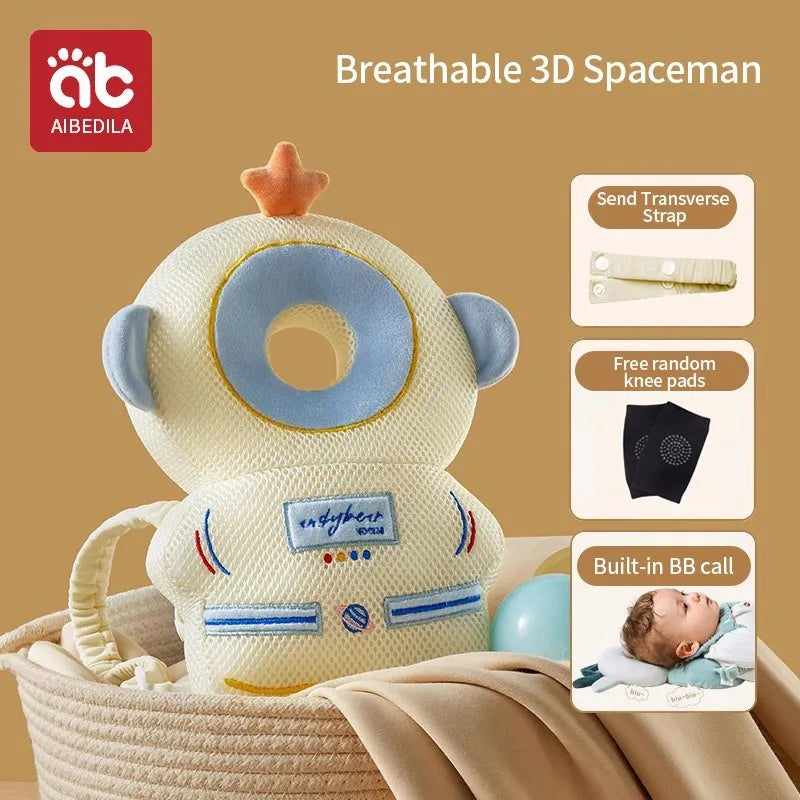 A breathable 3D spaceman soft silicone head protection pillow for baby with a transverse strap and knee pads