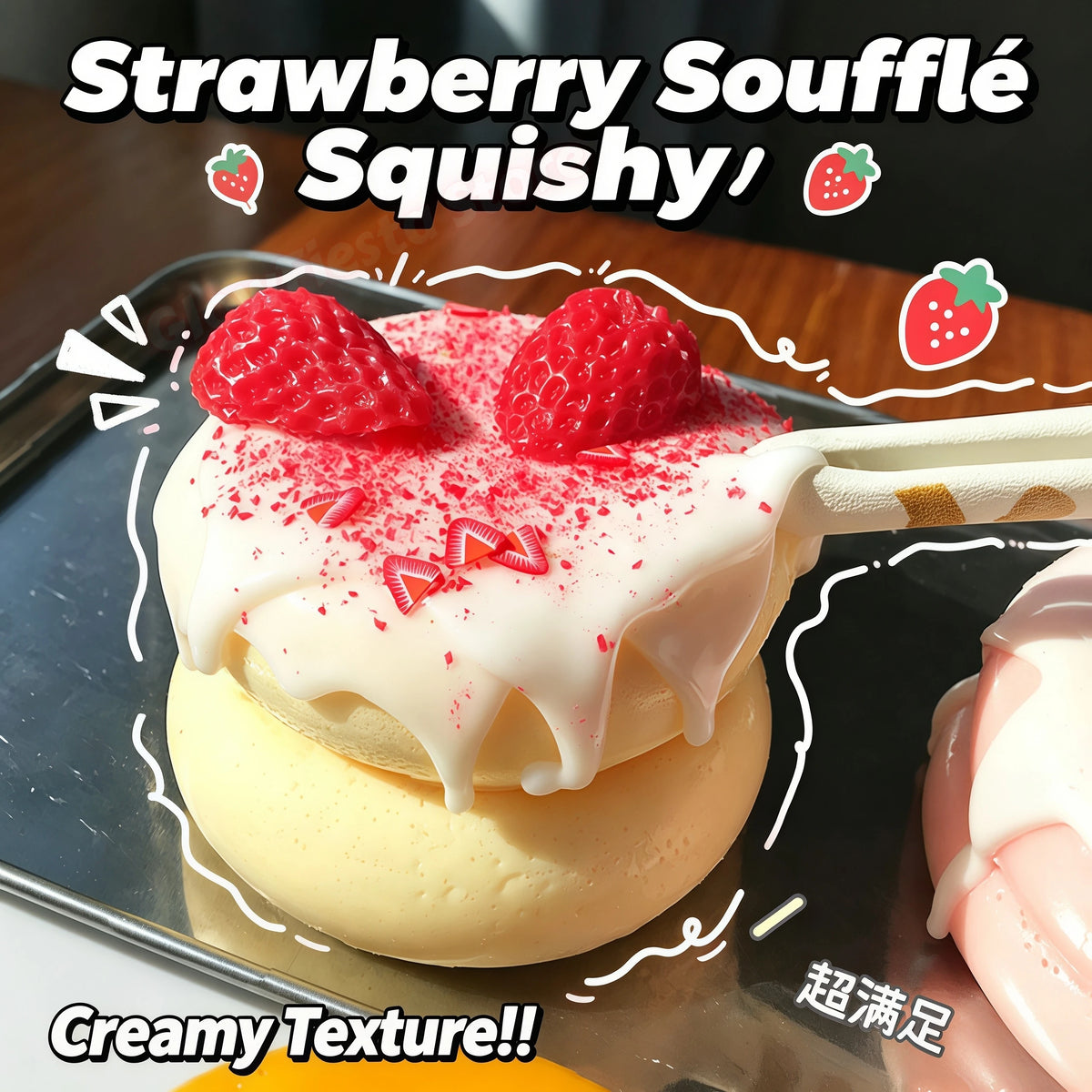 A strawberry soufflé squishy toy with pink meringue topping and fresh strawberries on a black tray.