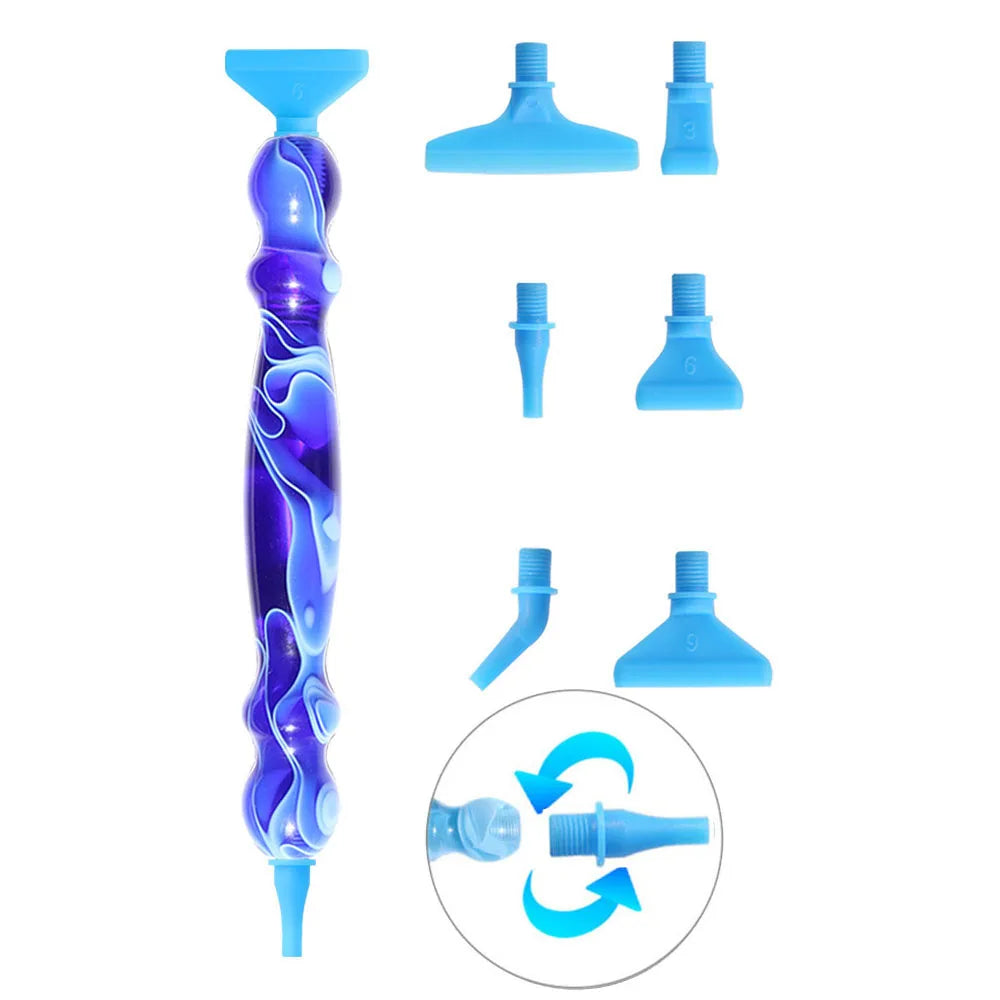 Ergonomic resin diamond art pen with interchangeable stainless steel tips shown in various forms and components.