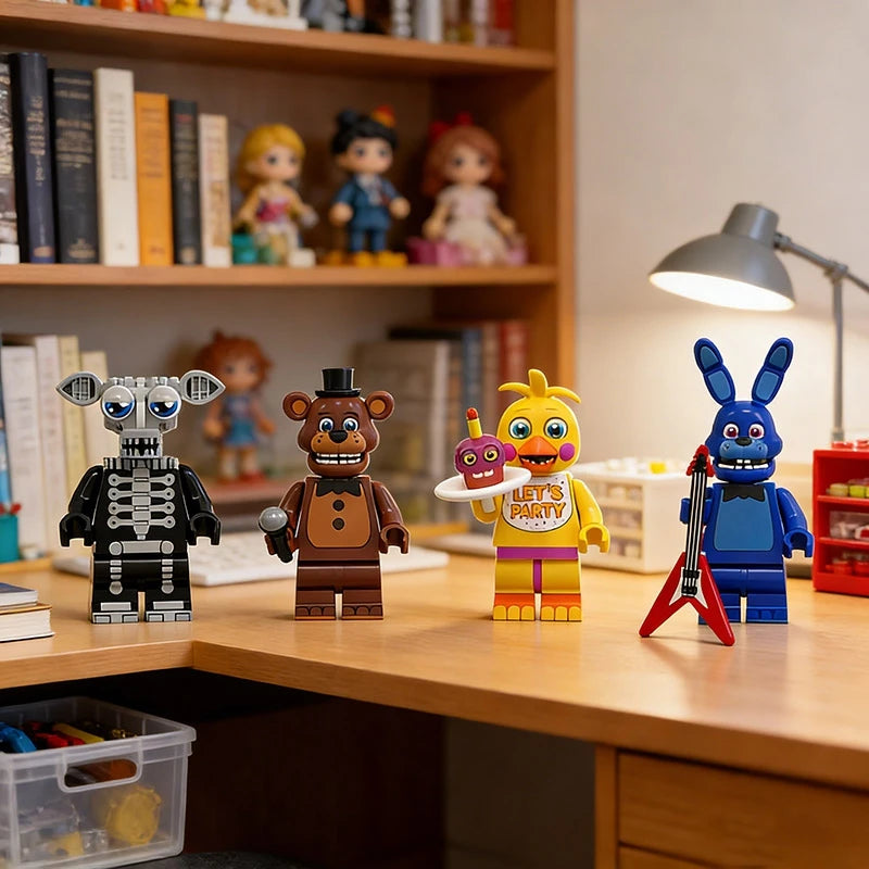A collection of Five Nights at Freddy's Bonnie and friends mini building block figures displayed on a wooden shelf.