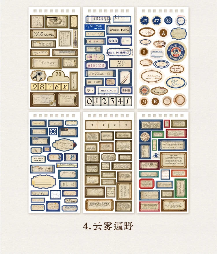 A collection of vintage labels and stickers for scrapbooking and journaling featuring various designs and typography.