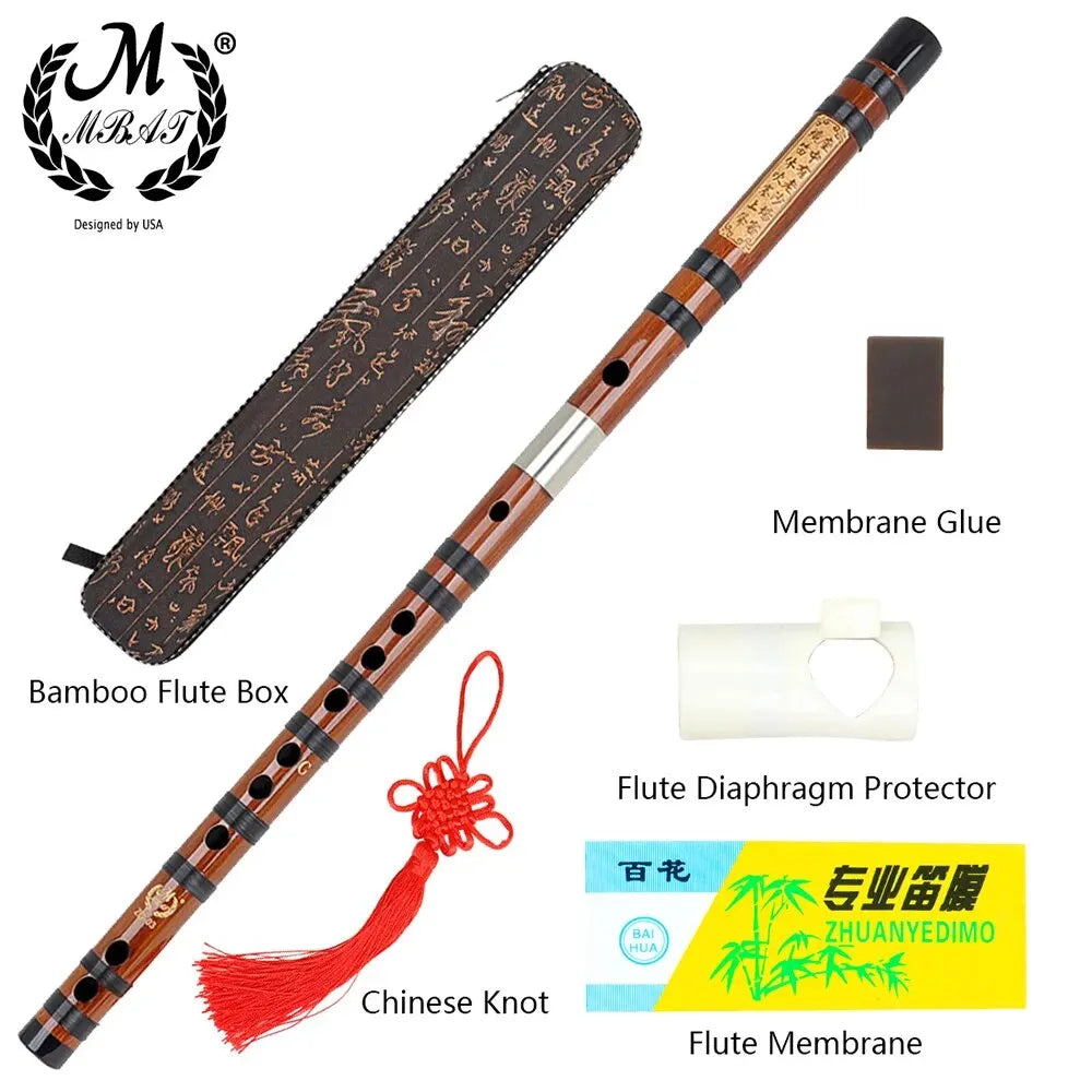 Traditional Chinese bamboo flute with a brass joint, showing the instrument and its components like the membrane glue and pro