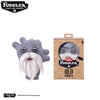 A gray plush toy of a monster with a white beard and large eyes.
