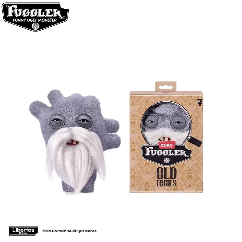 A gray plush toy of a monster with a white beard and large eyes.