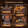 A set of DIY wooden miniature details featuring an illuminated owl post office counter, window, and gift conveyor belt.