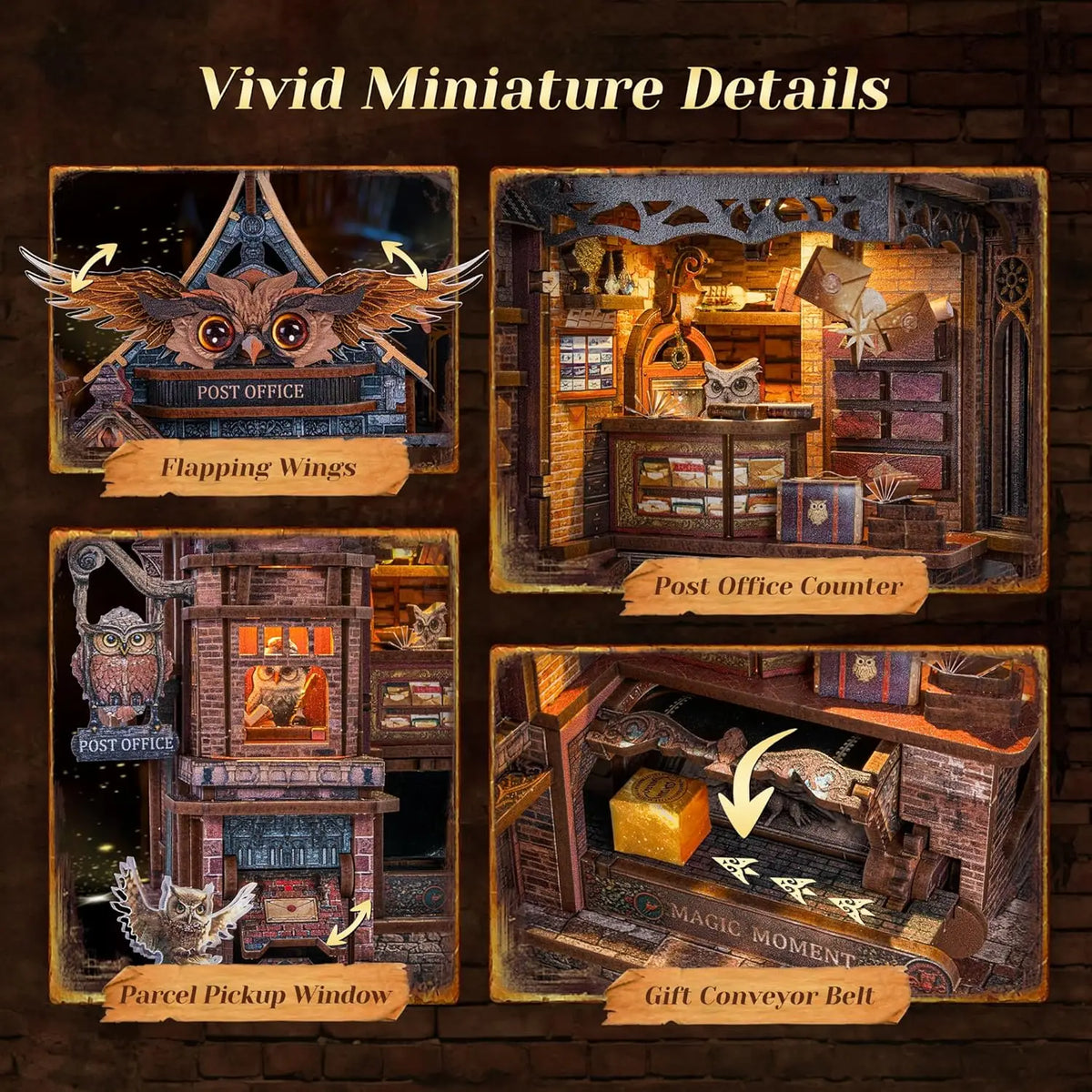 A set of DIY wooden miniature details featuring an illuminated owl post office counter, window, and gift conveyor belt.