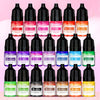 A collection of 20 liquid candle wax pigment bottles in various colors including red, pink, purple, blue, green, and yellow.