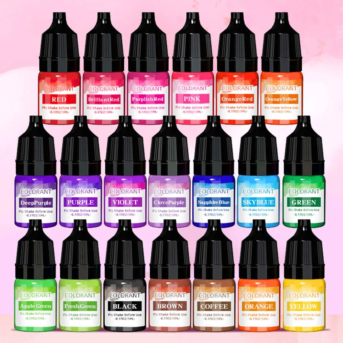 A collection of 20 liquid candle wax pigment bottles in various colors including red, pink, purple, blue, green, and yellow.