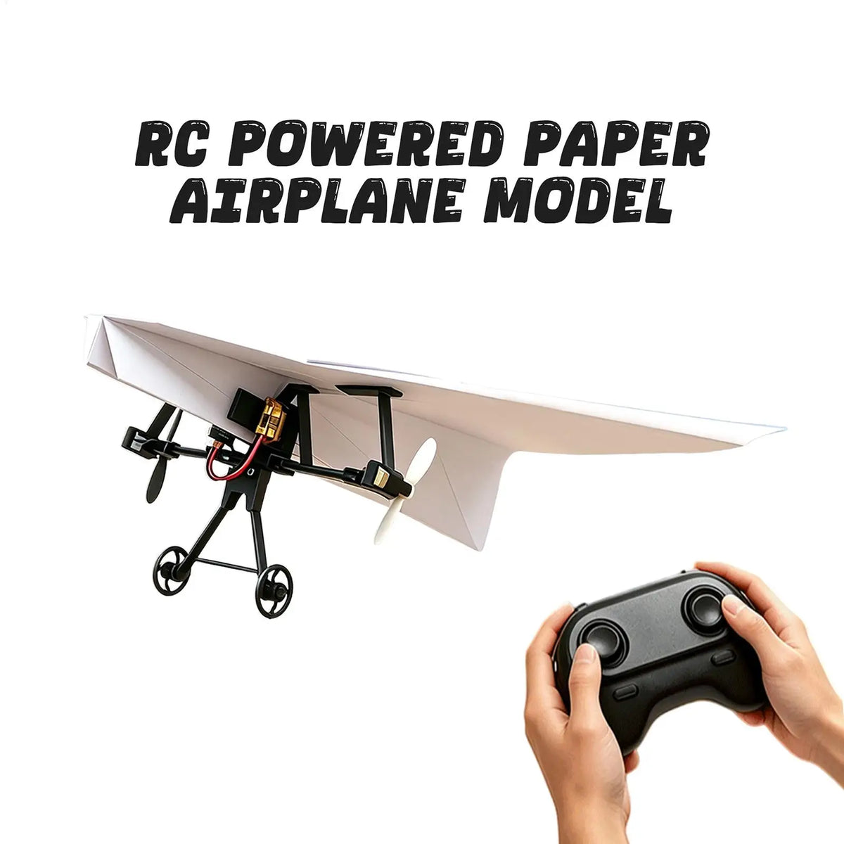 A hand holds an RC powered paper airplane model with a gyro stabilizer, showing the plane's wings and landing gear.