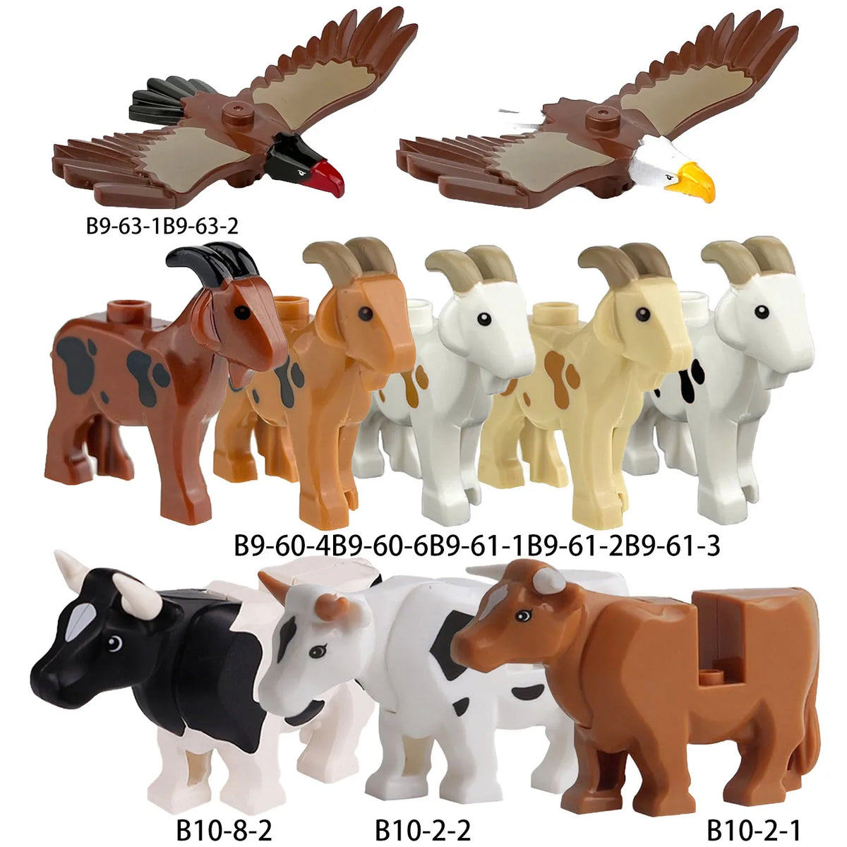 A set of marine animal building blocks featuring a bird, horses, and cattle in various colors.