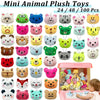 A collection of assorted mini animal plush toys in various colors and shapes displayed for sale.