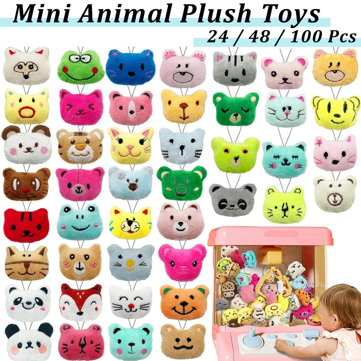 A collection of assorted mini animal plush toys in various colors and shapes displayed for sale.