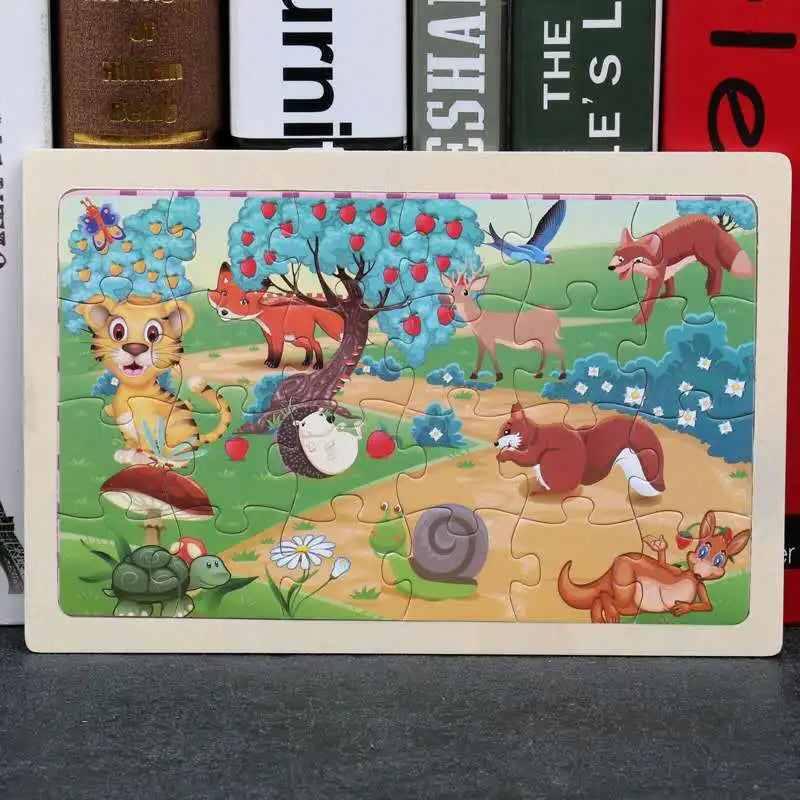 A 24-piece wooden jigsaw puzzle featuring various woodland animals like deer, foxes, and birds on a light background.