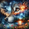 A majestic wolf's eye peering out from a forest landscape under a bright moon and lightning.