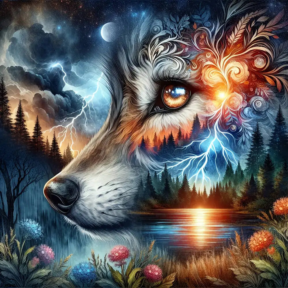 A majestic wolf's eye peering out from a forest landscape under a bright moon and lightning.