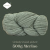 A ball of light green Merino wool yarn, hand-picked and 300g, shown against a dark green background.