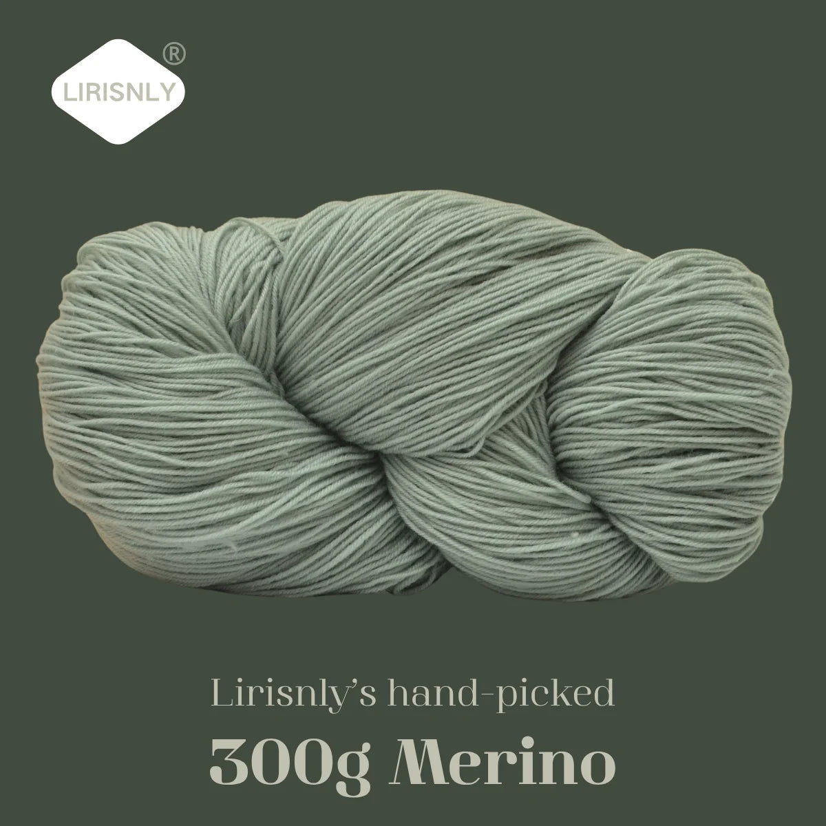 A ball of light green Merino wool yarn, hand-picked and 300g, shown against a dark green background.