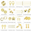 A collection of various jewelry making components including rings, beads, pins, and clasps.