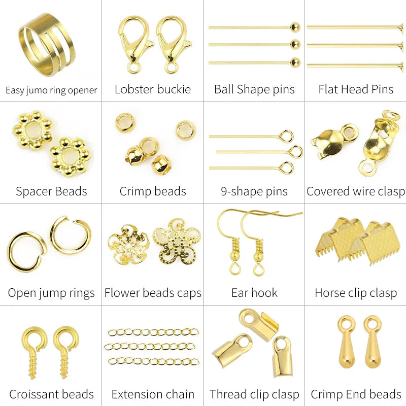 A collection of various jewelry making components including rings, beads, pins, and clasps.