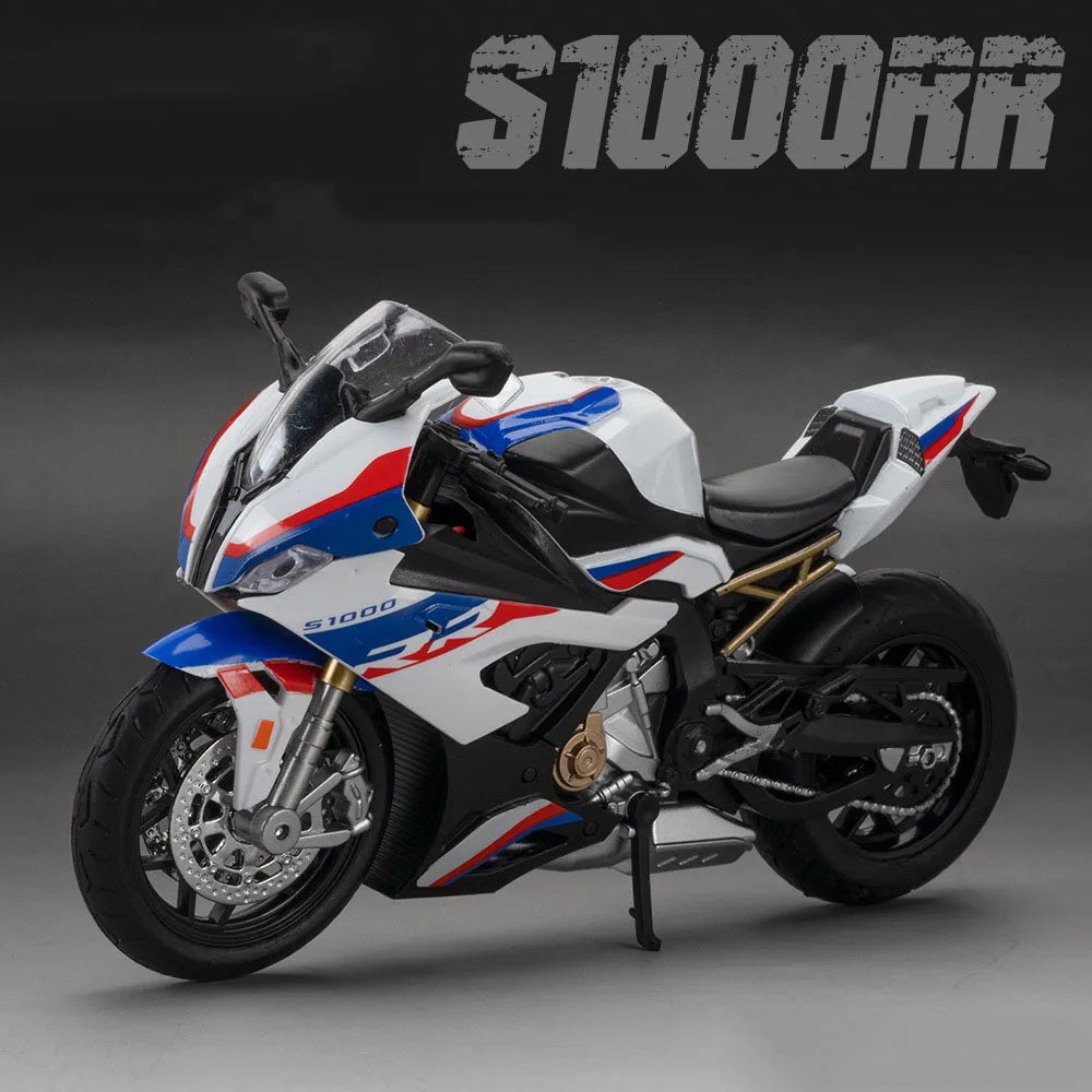 A white and blue 1:12 scale diecast sport motorcycle model with shock absorption.
