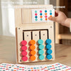 A hand inserts a card into a wooden alignment game board to start a color matching puzzle.