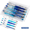 A clear plastic container holds ten DIY beaded ballpoint pen kits with various sizes and colors.