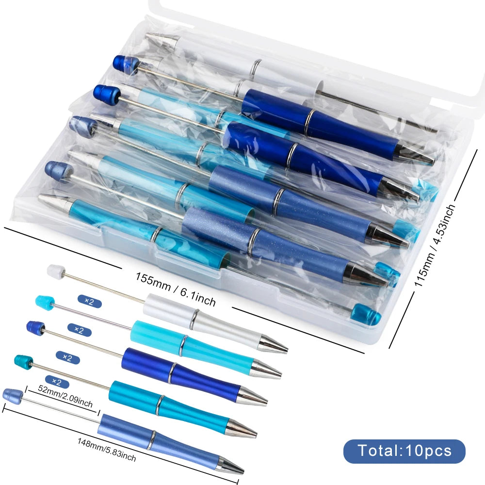 A clear plastic container holds ten DIY beaded ballpoint pen kits with various sizes and colors.
