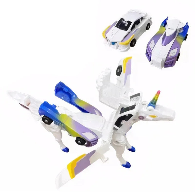 A transforming unicorn car set featuring white and purple vehicles in various forms.