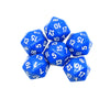 A set of blue twenty-sided dice showing various numbers and dots.