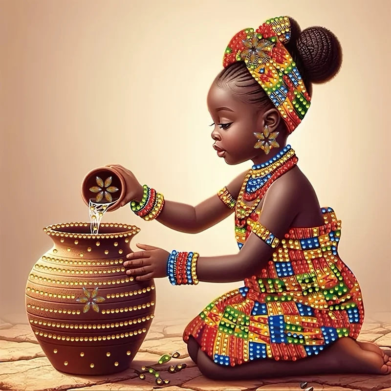 A young girl is painting a ceramic jar with diamond painting beads, showcasing colorful African-inspired patterns.
