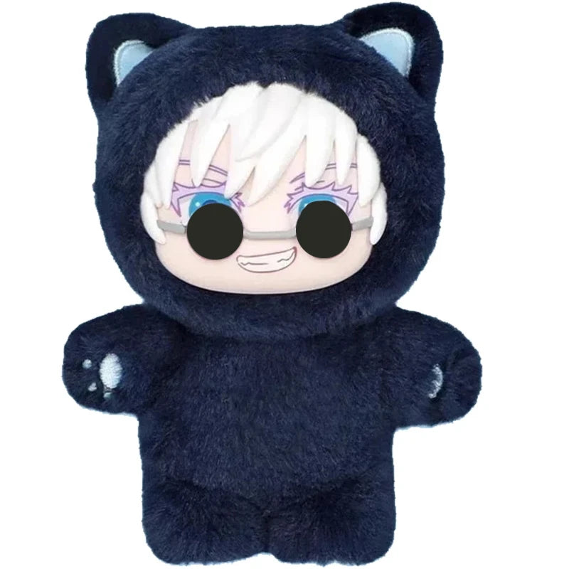 A dark blue plushie with cat ears and a hood, featuring white hair and glasses.