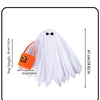 White ghost costume with black bow and an orange bag displayed against a white background.