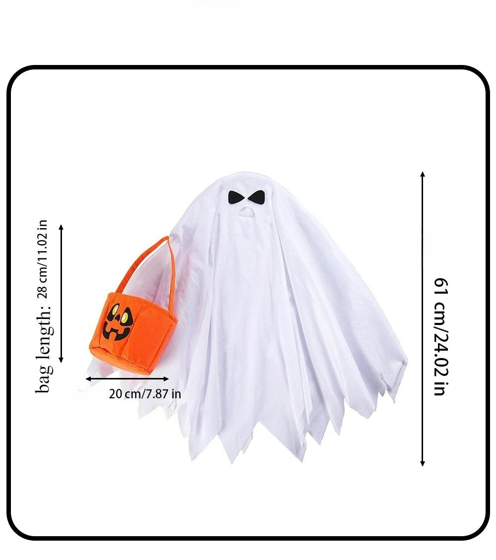 White ghost costume with black bow and an orange bag displayed against a white background.