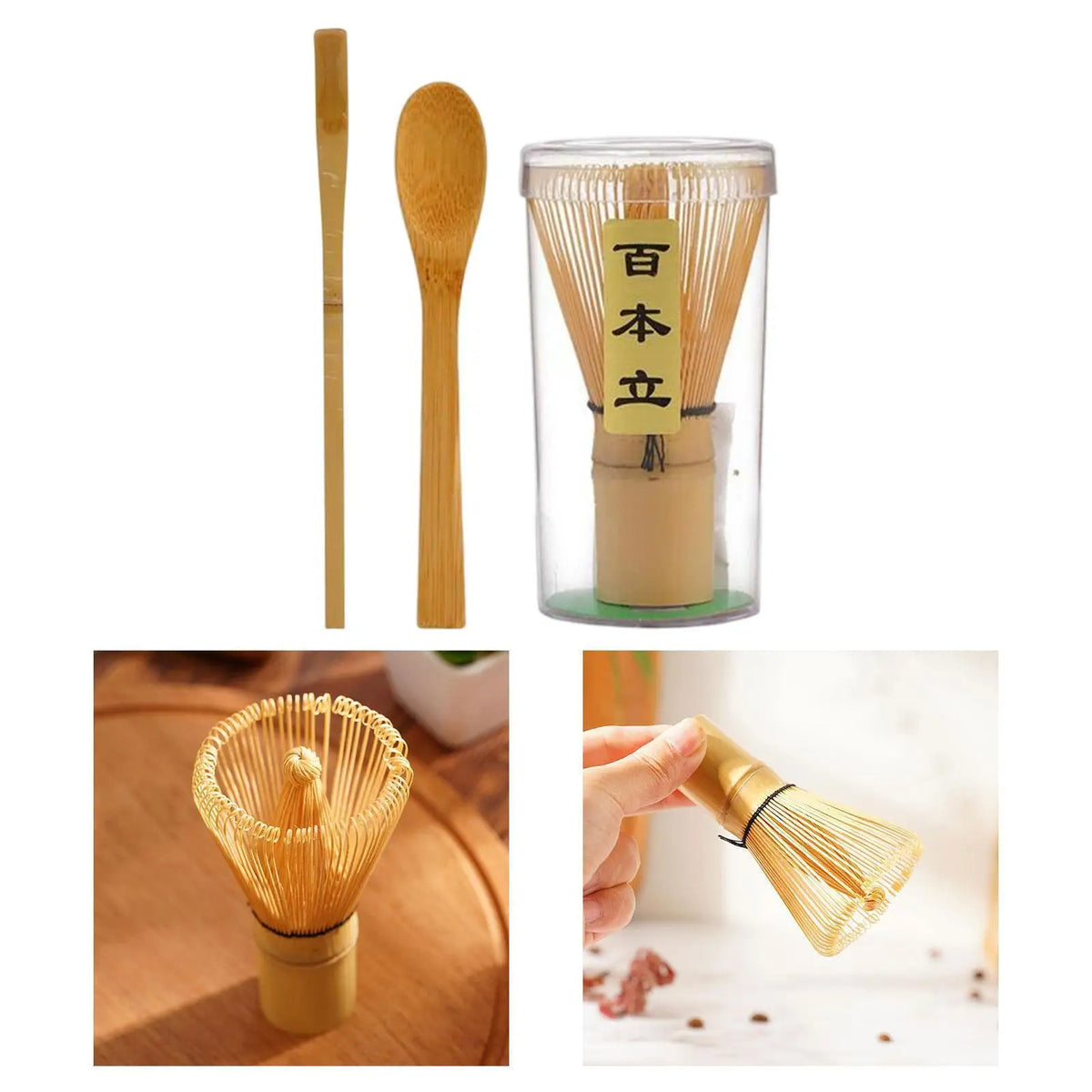 A set of traditional bamboo matcha whisks, including a long stick and a bowl-shaped whisk, displayed in a clear glass contain