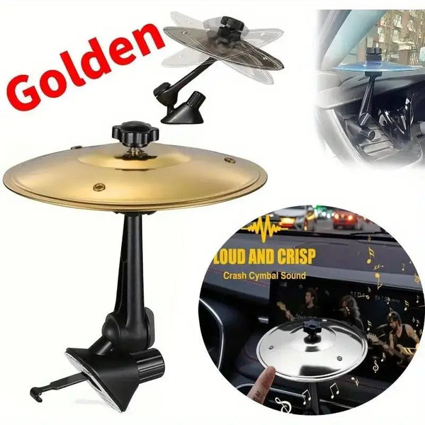 A golden car interior air vent crash cymbal instrument with a black stand and decorative fan.