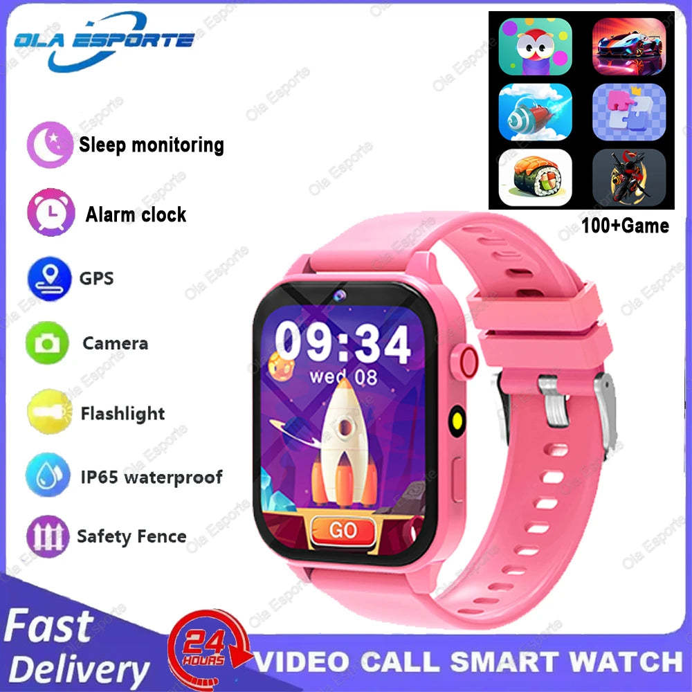 Pink kids smart watch featuring sleep monitoring, alarm clock, GPS, camera, flashlight, safety fence, and a GO button.