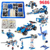 A collection of blue and black STEM robotics engineering building kits, including various mechanical models and components.