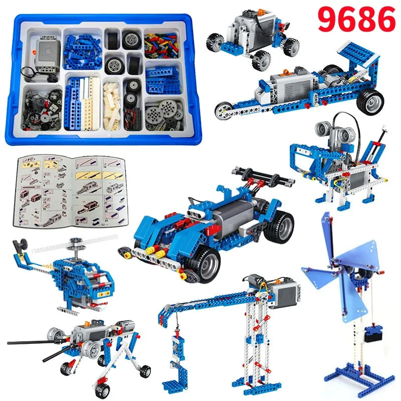A collection of blue and black STEM robotics engineering building kits, including various mechanical models and components.