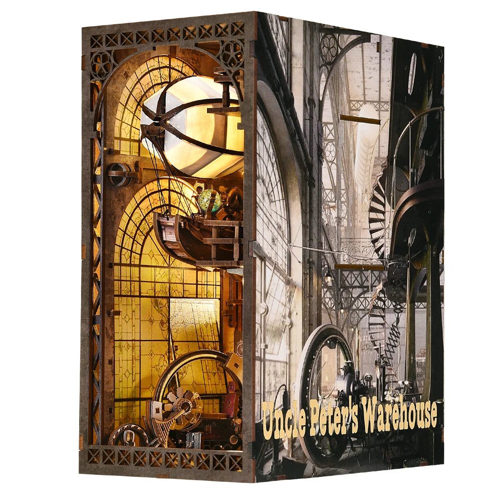 A miniature diorama depicting an old workshop with gears and machinery, used as a DIY wooden book nook kit.