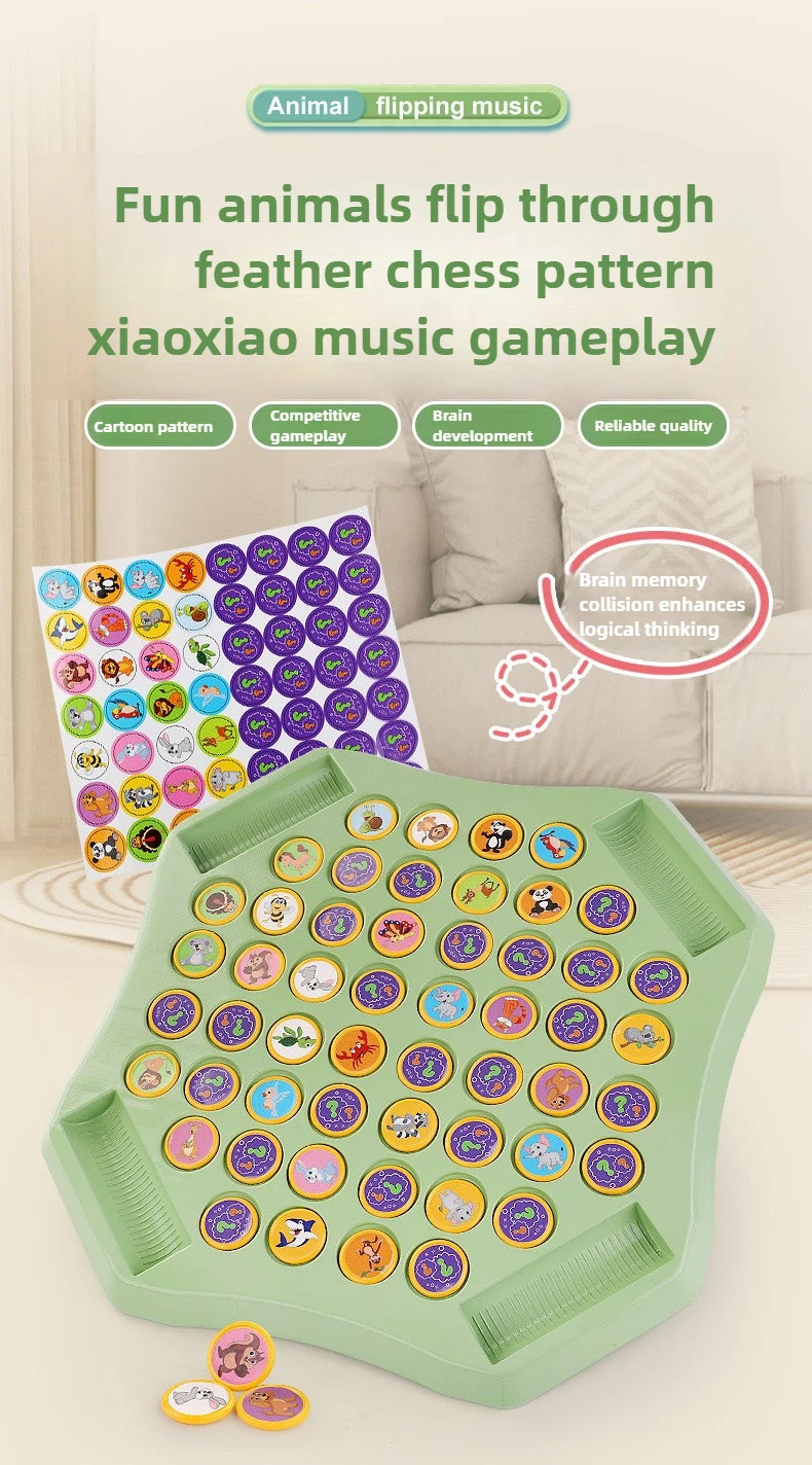 A green plastic flipping chess game with colorful animal pieces and a board, designed for educational gameplay.