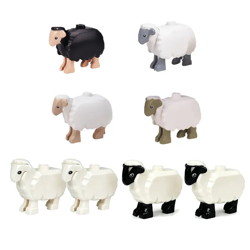 A set of six African wildlife animal building blocks in black and white, including a lion, elephant, and other animals.