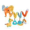 An orange elephant spiral sensory rattle toy with yellow and blue accents.