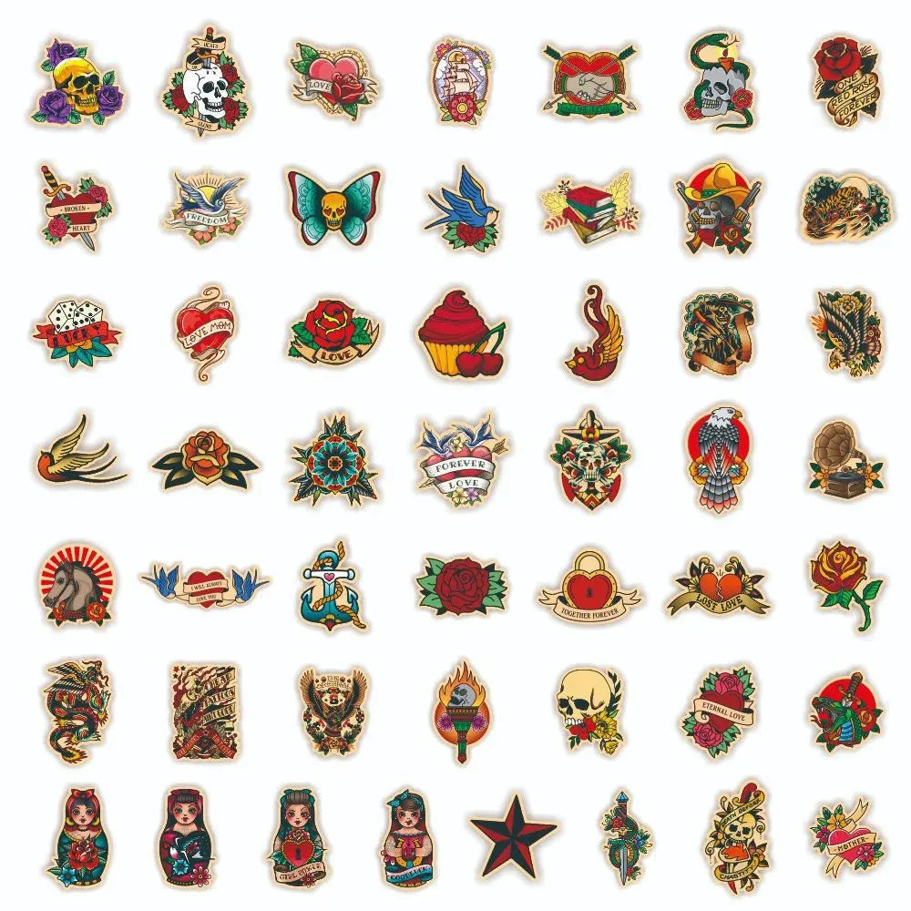 A collection of retro tattoo and cartoon stickers featuring various designs for laptops, luggage, and more.