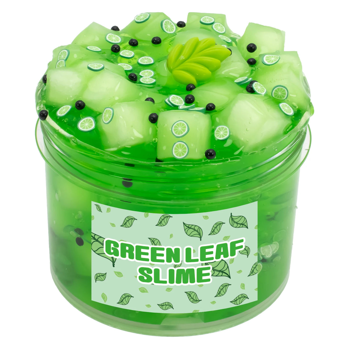 A jar of green leaf slime with clear jelly pieces, black beads, and lime slices.